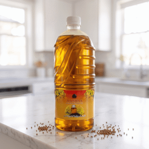Pure Aaishaa Organic Cold Pressed Mustard Oil 1 Liter bottle on a clean marble kitchen counter.