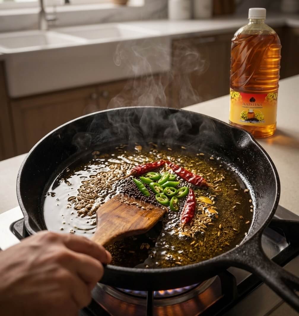 Sizzling spices and tadka being prepared in healthy Aaishaa Organic Cold Pressed Mustard Oil.