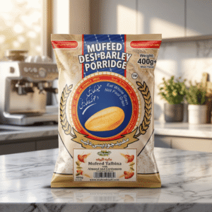 Mufeed Talbina 400g Packet with Almond and Cardamom on a Modern Kitchen Counter