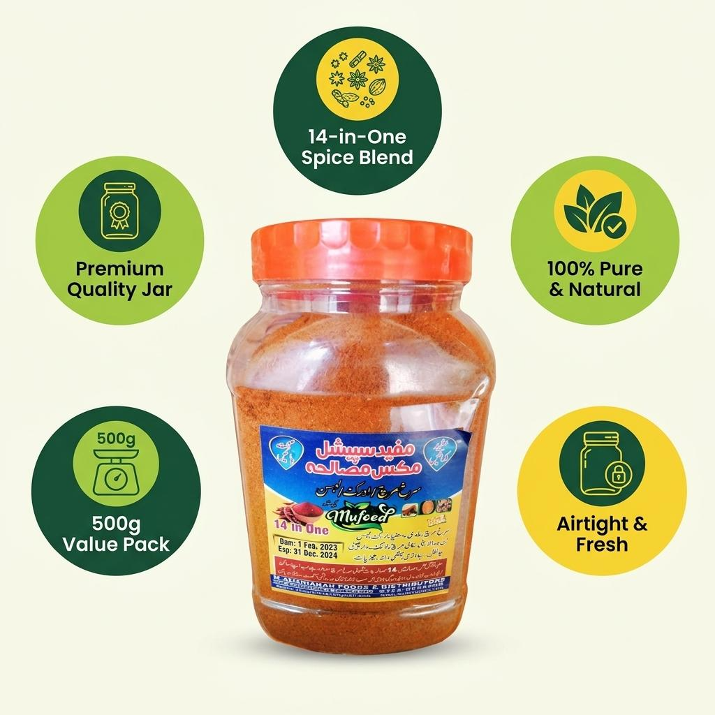 Fourteen premium pure spices raw ingredients used in Mufeed Mix Masala
