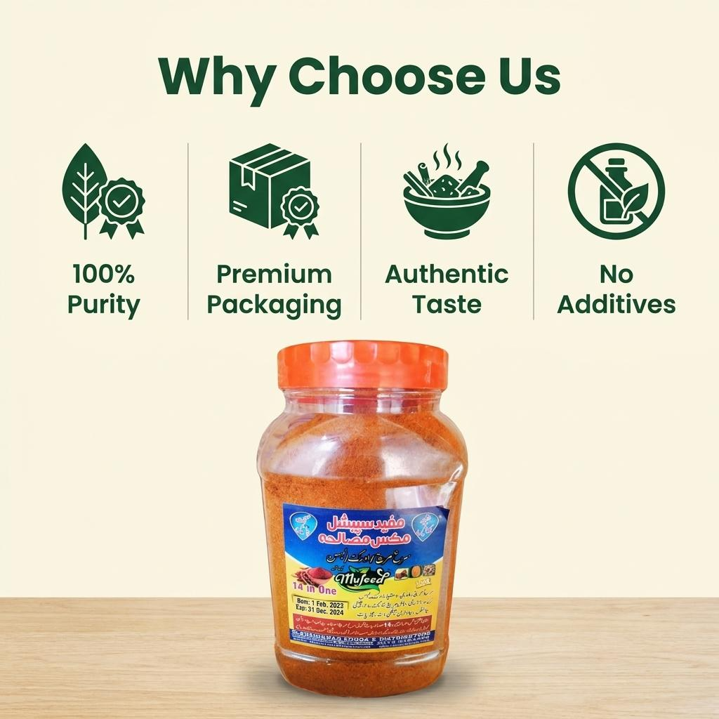 Nutritional facts and certification details on the back label of Mufeed Masala