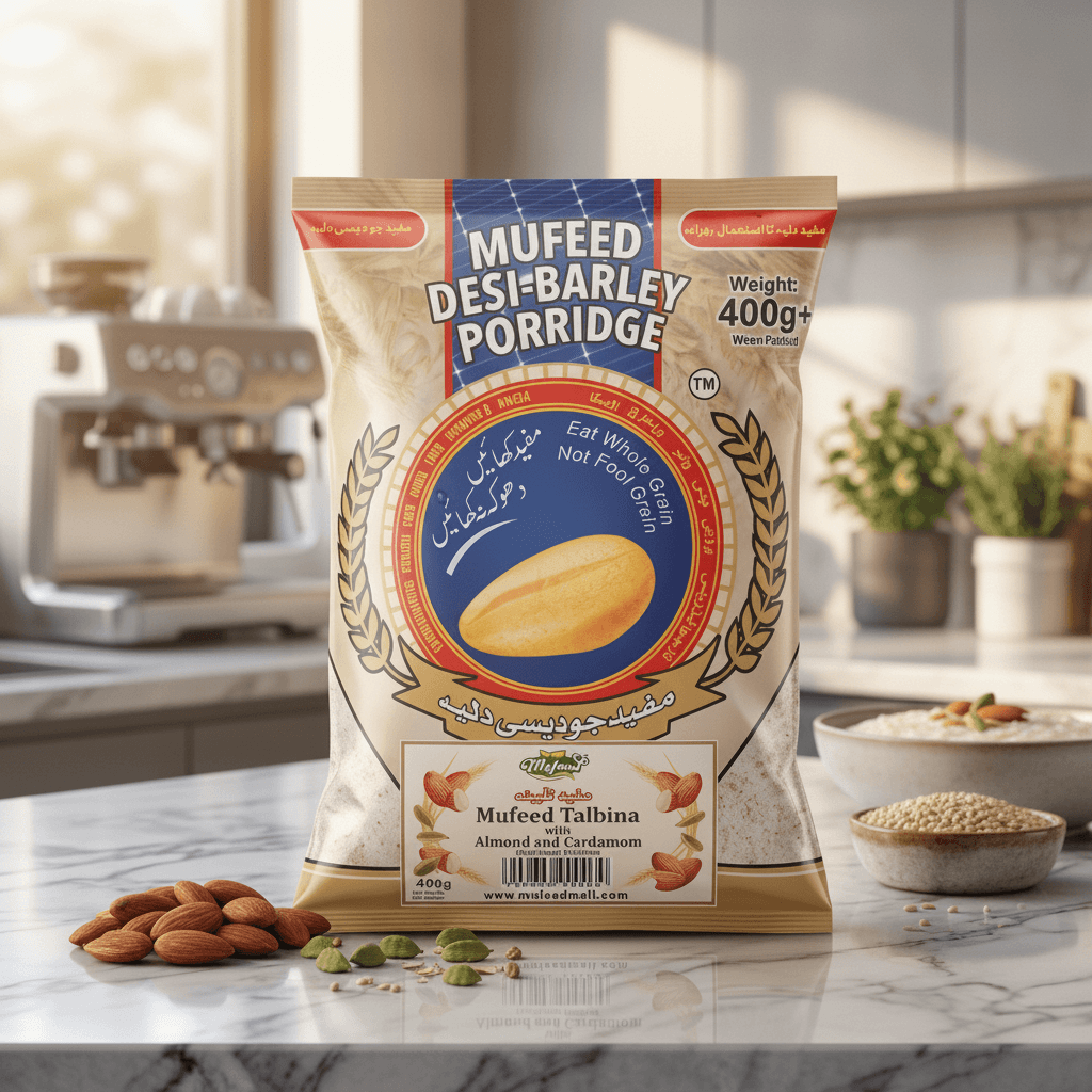 Mufeed Talbina with Almond & Elaichi front packaging 400g pack