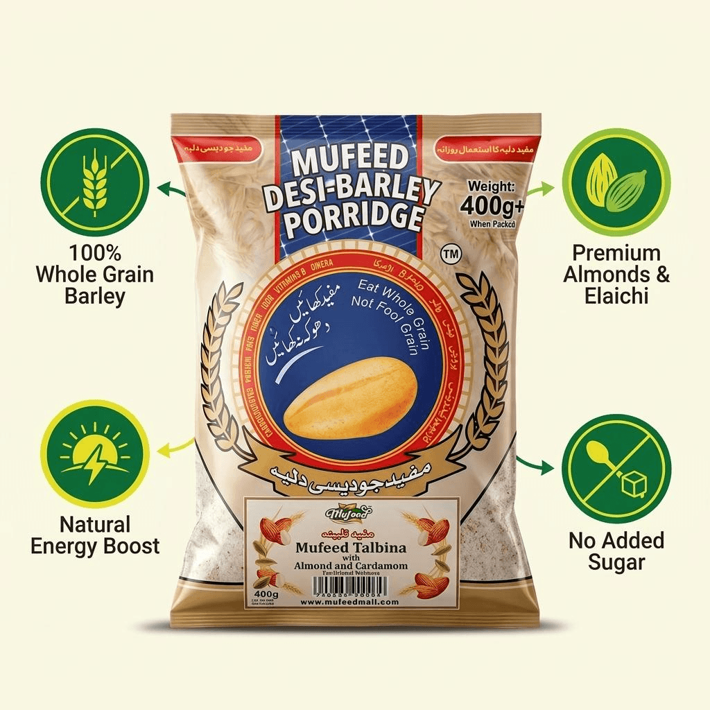 Organic whole barley powder mixed with crushed almonds and cardamom