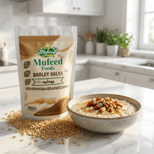Mufeed Foods Organic Barley Dalia 1KG front packaging showing raw grains