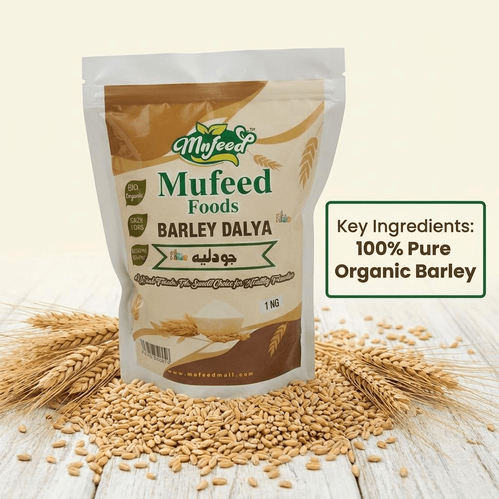 Cooked warm barley dahlia porridge bowl styled with organic honey and sliced almonds