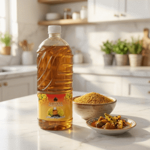 Front view of Aaishaa Organic Cold Pressed Mustard Oil 1 Liter bottle by Mufeed Foods